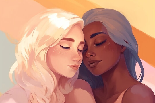 Women face to face graphic illustration, concept of lesbian relationship, interracial homosexual couple