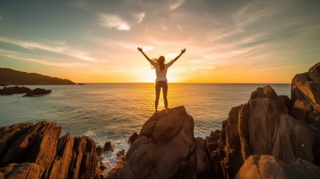 Woman stands on a rocky cliff overlooking a vast ocean with her arms raised. Concept of personal achievement and overcoming challenges. Generative AI