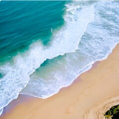 Beach Ariel Drone style Shot with waves on sandy beach background wallpaper with copy space