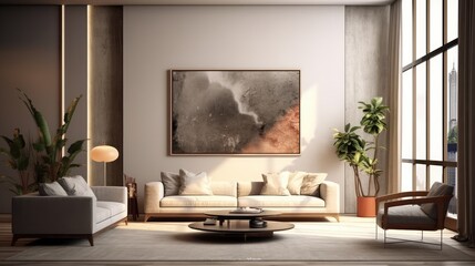 Mockup poster frame in modern interior. 3D Render. Generated with AI technology.