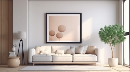 Mockup poster frame in modern interior. 3D Render. Generated with AI technology.