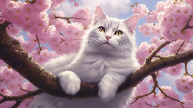 a big wise cat thinking about life sitting on a cherry tree, anime wallpaper, ai generated image