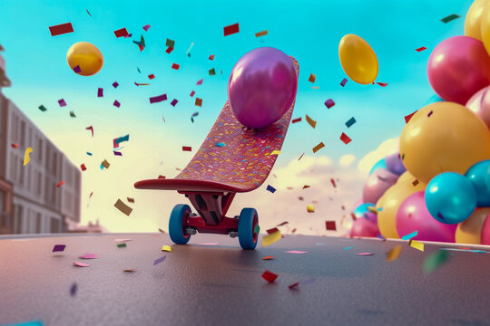 skateboard for kids on the festive background with air balloons. Super photo realistic background. Generative ai illustration