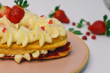 background of colorful cakes with fruit- close up of cakes