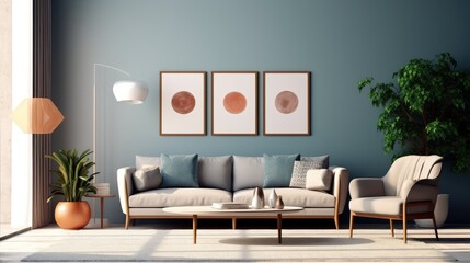 Mockup poster frame in modern interior. 3D Render. Generated with AI technology.