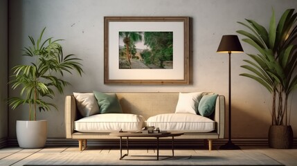 Mockup poster frame in modern interior. 3D Render. Generated with AI technology.