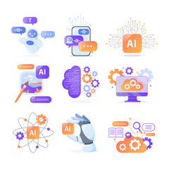 Different AI elements and services vector illustrations set. Collection of cartoon drawings of chatbot, image generator, machine learning. Artificial intelligence, future, modern technology concept