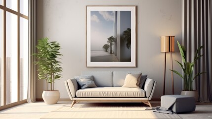 Fototapeta premium Mockup poster frame in modern interior. 3D Render. Generated with AI technology.