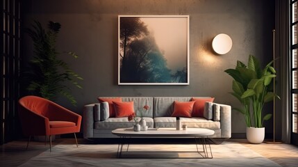 Mockup poster frame in modern interior. 3D Render. Generated with AI technology.