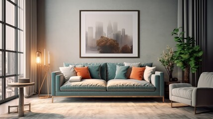 Mockup poster frame in modern interior. 3D Render. Generated with AI technology.