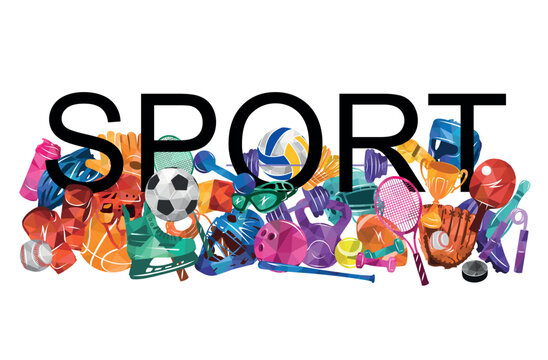 Sport vector colorful illustration background. Sports equipment inventory. Healthy lifestyle tools.