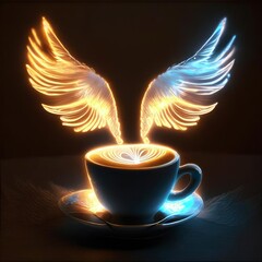 A cup of coffee with luminous wings.