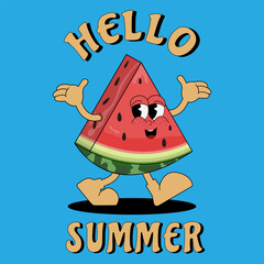 Hello summer. Funny fruit mascot: happy watermelon on a blue background. Vector flat illustration of a comic character in a trendy retro cartoon style of the 70s.