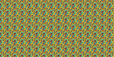 Pattern with blue, orange, brown leaf and yellow backround 