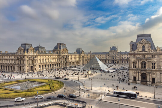 Aerial drone view of the Louvre palace and museum, one of the most iconic places in Paris, France