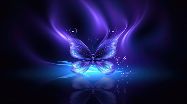 a fantasy inspired violet butterfly in night, radiant scene, ai generated image