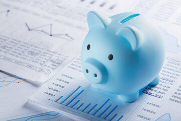 Moneybox for money on the background of documents and financial charts. Investment and capital accumulation concept