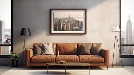 Mockup poster frame in modern interior. 3D Render. Generated with AI technology.