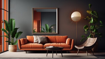 Mockup poster frame in modern interior. 3D Render. Generated with AI technology.