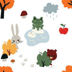 Forest animals. Rabbit and bear hiding. Frog sitting on a stone.