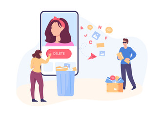 Hacker stealing user data and woman deleting account. Man with folders of files, illegal transmission of data vector illustration. Cybersecurity, safety, personal information, internet concept