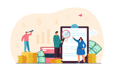 Tiny people with checklist managing budget vector illustration. Cartoon drawing of man with spyglass standing on stack of coins, financial growth. Budget management, finances, success concept