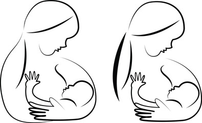  World breastfeeding week 1-7 August, feeding of babies with milk from a females breast and Happy mothers day. 