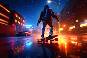 full body of man ride skate board . night neon city. ai generative