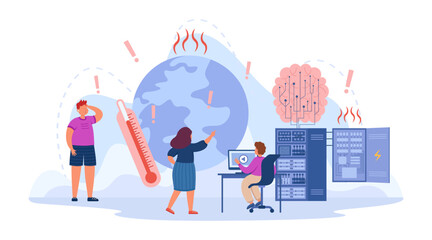 High temperature on planet due to artificial intelligence. Environmental impact of modern AI technology, scared people vector illustration. Technology, danger, environment, climate change concept