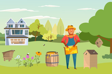 Fototapeta premium Beekeeper with beehive and honey barrel vector illustration. Cartoon drawing of happy farmer growing bees for selling honey, threat to species. Beekeeping, agriculture, commerce, ecology concept