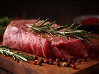 raw beef steak on a cutting board with herbs. Generative AI