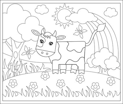 Cute Cow in the meadow - vector linear picture for coloring. A calf in a landscape with flowers, trees, clouds, the sun and a rainbow. Outline. Coloring page for children.