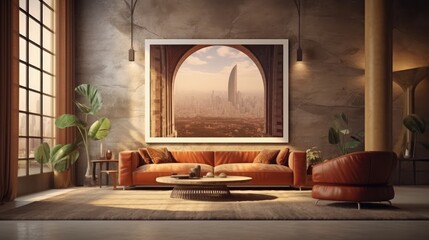 Mockup poster frame in modern interior. 3D Render. Generated with AI technology.