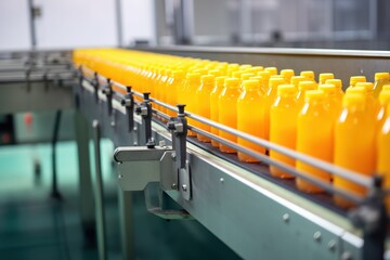 Conveyor belt Beverage factory of fruit juice product illustration. Ai generative.