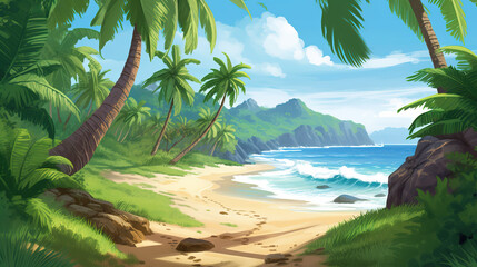 a beautiful relax anime beach illustration, untouched place, ai generated image