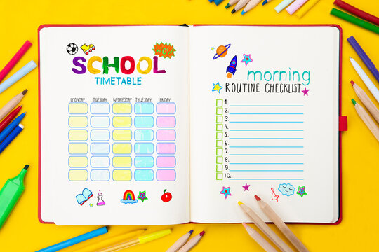 Morning Routine Checklist, School timetable. Top view flat lay concept. Lettering written in a scrapbook, colored paper, multi-coloured letters, supplies for school