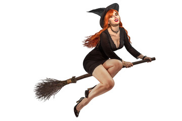 Halloween Witch flying on a broomstick. Female wizard fairy character for All Saints' Day. Fantasy...