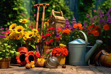 beautiful flowers garden, sunday gardening, garden tools, ai generative