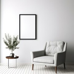 Modern living room blank vertical picture frame with white background created with Generative AI