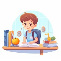 Drawing of happy schoolboy sitting at desk in classroom. Smiling little boy studying at a table in school. Small child doing homework on white background. Studying educational concept. AI generated