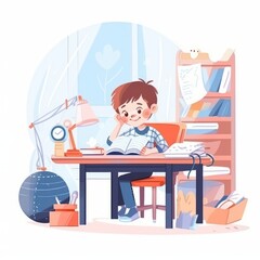 Fototapeta na wymiar Drawing of happy schoolboy sitting at desk in classroom. Smiling little boy studying at a table in school. Small child doing homework on white background. Studying educational concept. AI generated