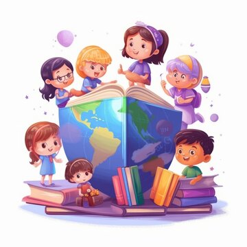 Group of happy children reading books around globe. Vector illustration.  Cute little kids around planet in cartoon style. Young pupils with books on white background. Education concept. AI generated