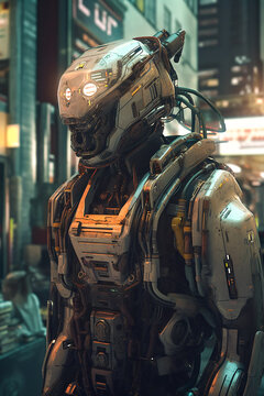 A robotic city worker, in a high-tech automated metropolis.