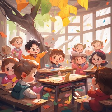 Picture of a group of schoolchildren working together in classroom.  Vector illustration of cute young pupils in cartoon style. Little kids sitting in class at school. Teamwork and education concept.