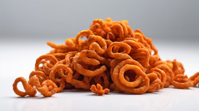 Large bundle of curly fries against a white background