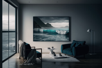 Interior design, living room with sea view. AI generative.