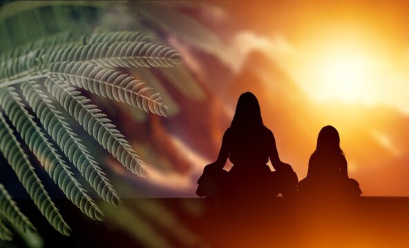Young woman practces yoga in green nature, AI generated image