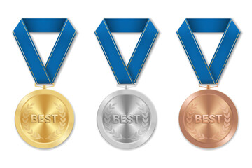 Golden silver and bronze BEST award sport medal with blue ribbons