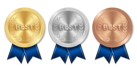 Golden silver and bronze BEST award sport medal with blue ribbons