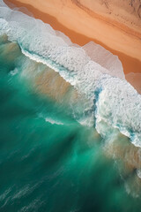 Fototapeta na wymiar Australien bird-eye beach view, Aerial Marvel: Photographic Close-Up Flying Over the Ocean and Beach - An Orange and Emerald Australian Landscapes, Pink and Aquamarine Birds-Eye View